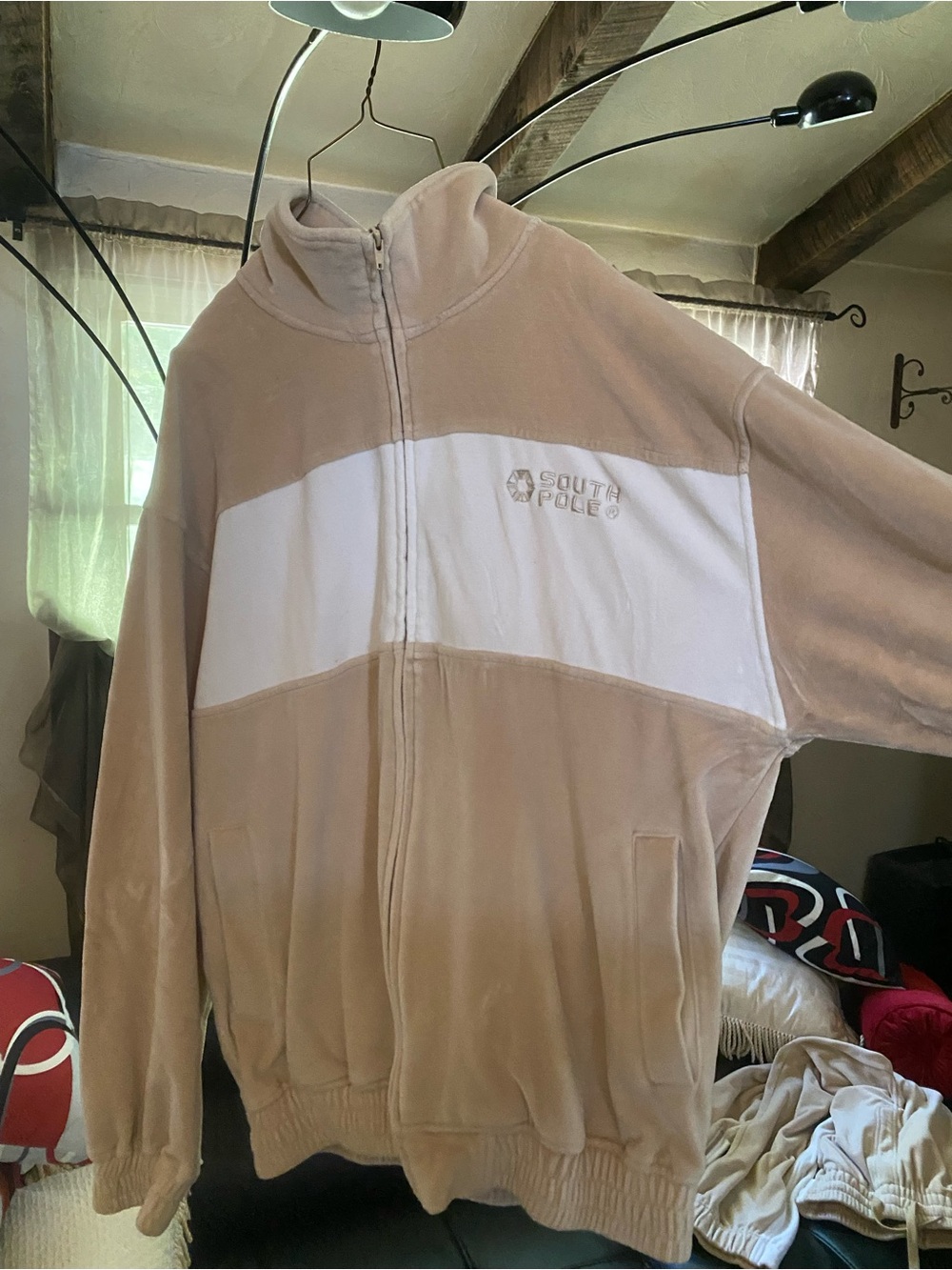 South Pole Beige and White Fleece Zip-Up Jacket